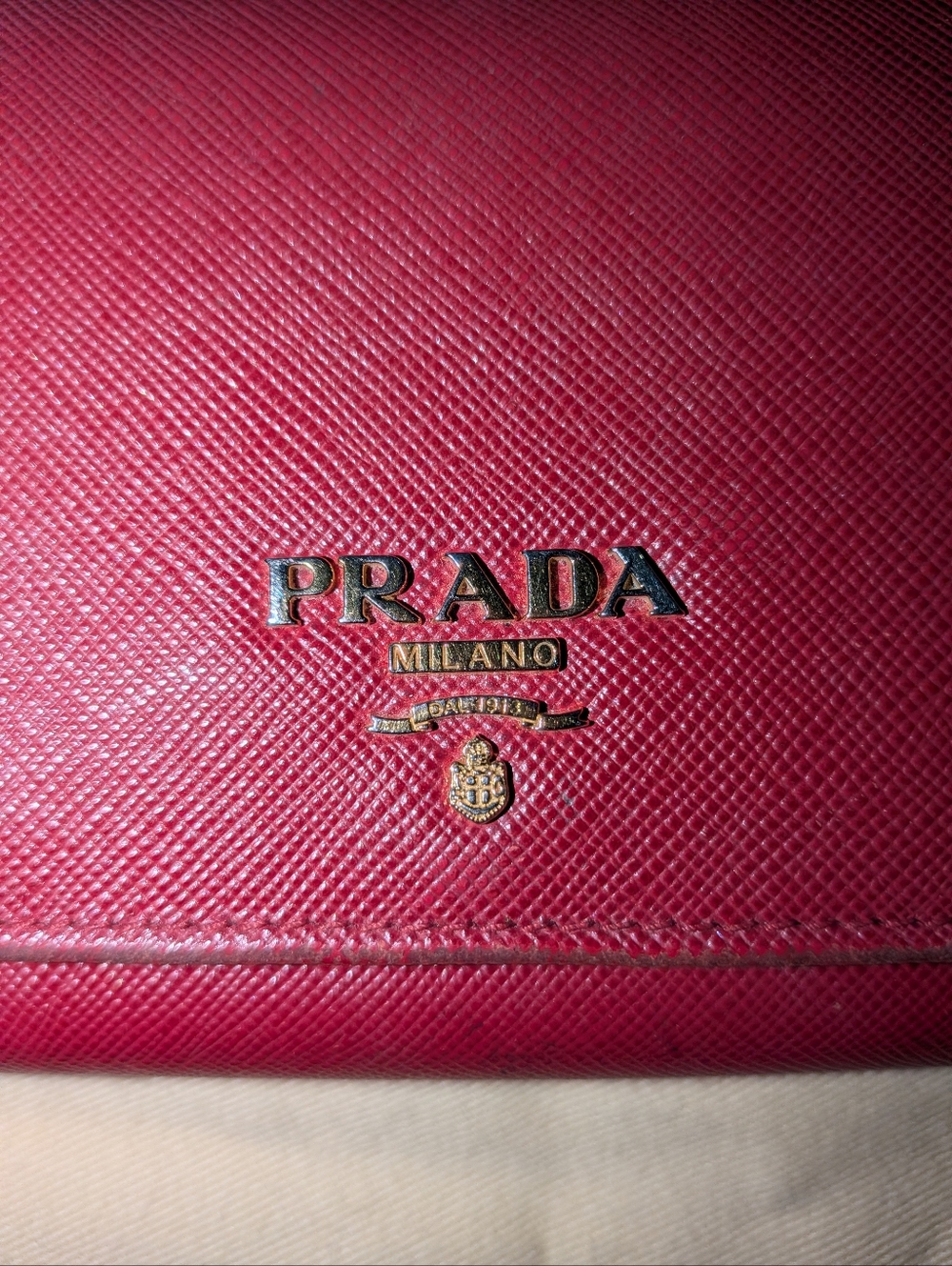 Prada Saffiano Logo Wallet Red Trifold.